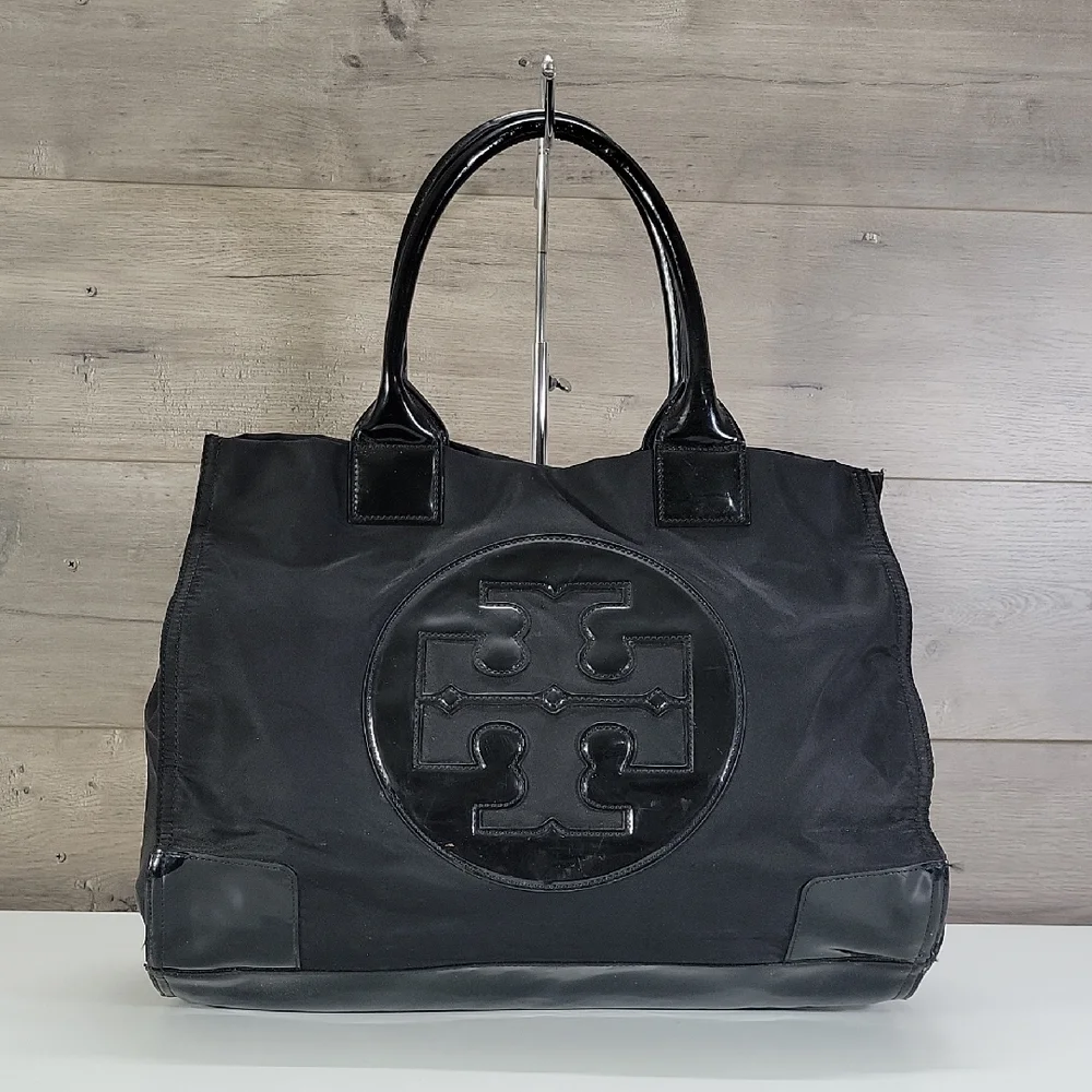 Tory Burch Ella Black Nylon Tote Bag with Logo Detail